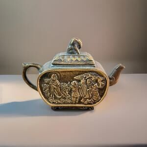 Vintage Chinese Miniature Brass Teapot  Relief Carvings Mid Century